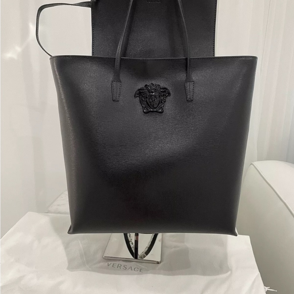 VERSACE Black Zipper Texture Leather Top Tote With Pouch /Black Medusa NWT! - Picture 6 of 12